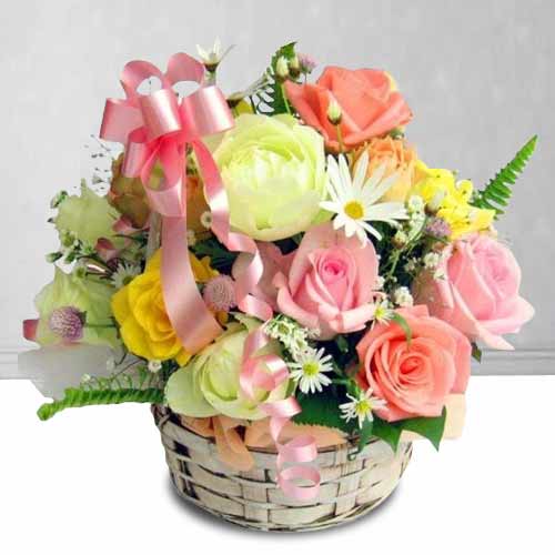 Basket of Roses and Seasonal Flower