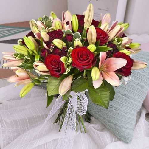 Red Rose And Pink Lily Bouquet